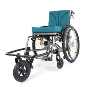 A folding wheelchair with mountain wheels and outdoor frontend